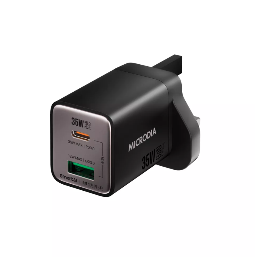 Microdia - SmartCube Nano - 35W USB-C & USB-A SmartAI PD Wall GaNPro Charger Plug - Charcoal